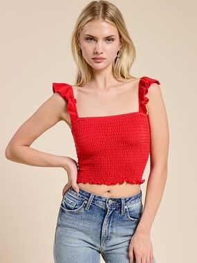 Smocked Ruffle Strap Crop Top – Red